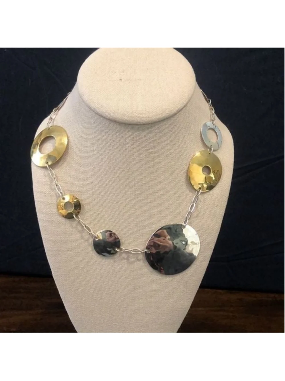 ROBERT LEE MORRIS Two Tone Hammered Sterling Silver Brass Modern Necklace